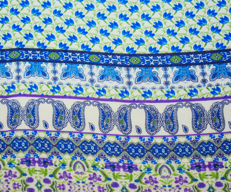 Blue-Purple-Multi Poly Border Floral Printed Chiffon Woven Fabric