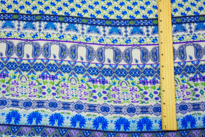 Blue-Purple-Multi Poly Border Floral Printed Chiffon Woven Fabric