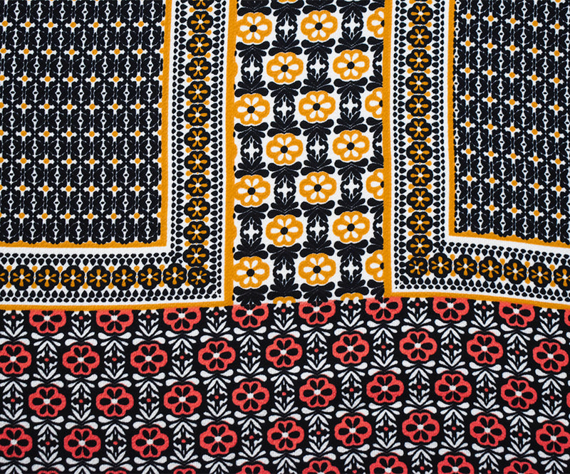 Black-Orange-Multi Border Printed Crepe Momie Georgette Woven Fabric