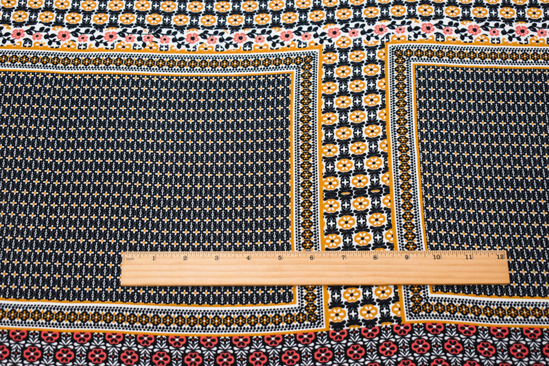 Black-Orange-Multi Border Printed Crepe Momie Georgette Woven Fabric