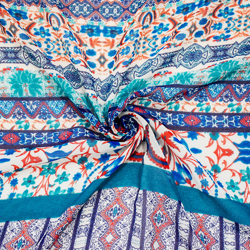 Tuquoise-Orange-Multi Multi Pattern Printed Chiffon Woven Fabric