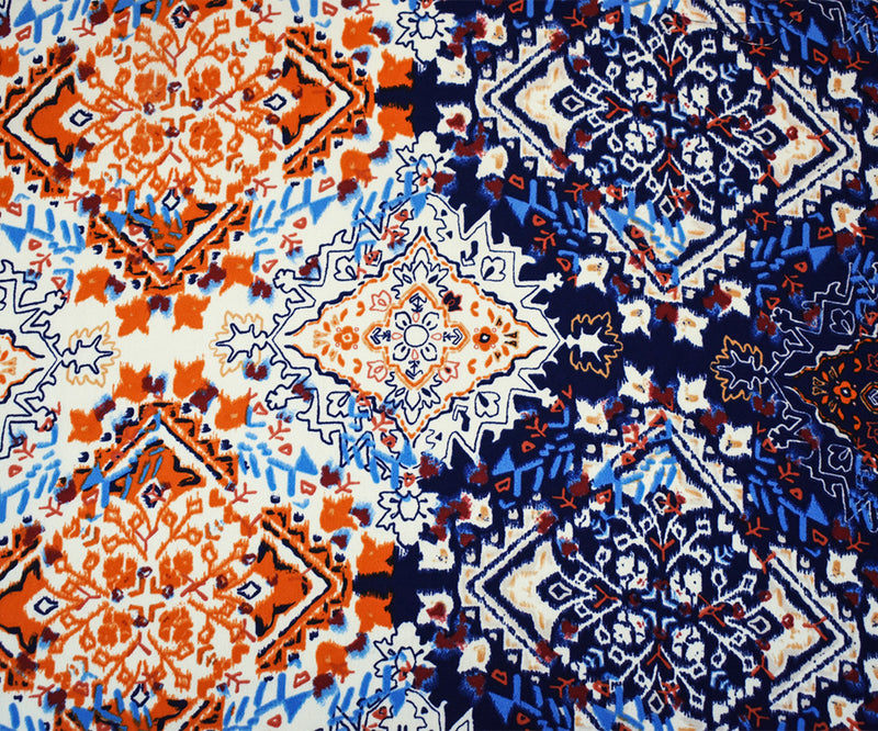 Deep Blue-Orange-Multi Aztec Printed Momie Crepe Georgette Woven Fabric