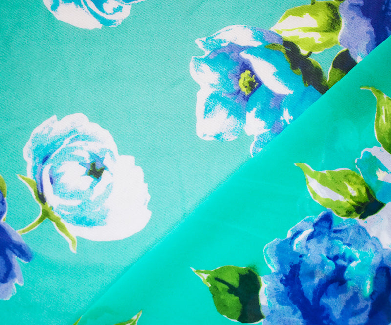 Teal-Blue-Multi Polyester Floral Printed Chiffon Woven Fabric