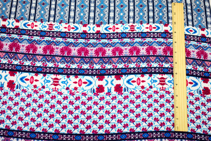 Purple-Fuchsia-Multi Poly Boho Multi Pattern Printed Pebble Crepe Fabric