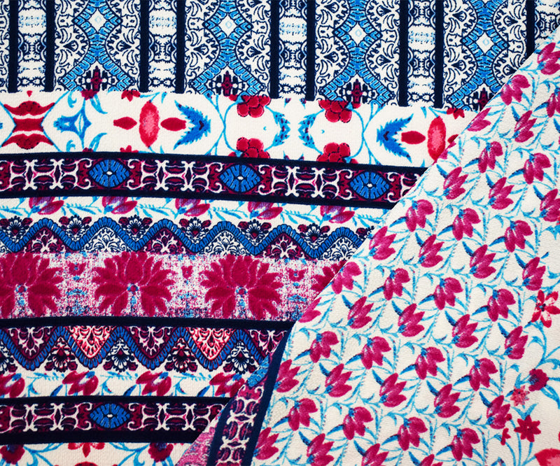 Purple-Fuchsia-Multi Poly Boho Multi Pattern Printed Pebble Crepe Fabric