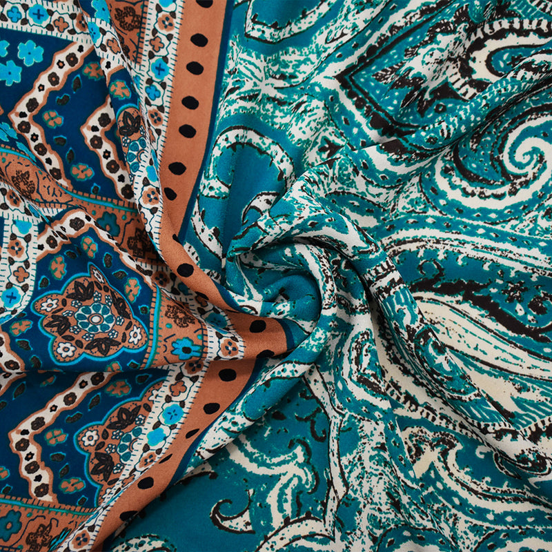Deep Teal-Apricot Multi Poly Moroccan Border Printed Momie Georgette Fabric