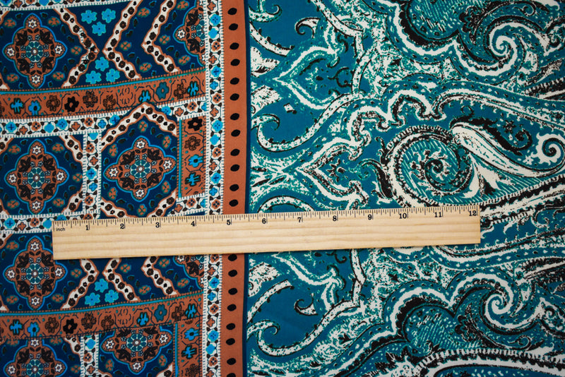 Deep Teal-Apricot Multi Poly Moroccan Border Printed Momie Georgette Fabric