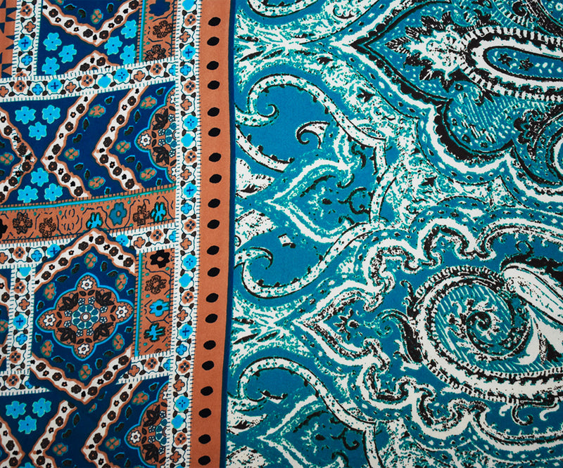Deep Teal-Apricot Multi Poly Moroccan Border Printed Momie Georgette Fabric