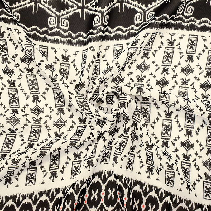 Black-Off-White-Orange Poly Aztec Striped Printed Chiffon Woven Fabric