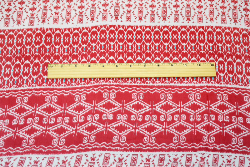 Red-Ivory-Turquoise Poly Aztec Border Printed Chiffon Woven Fabric