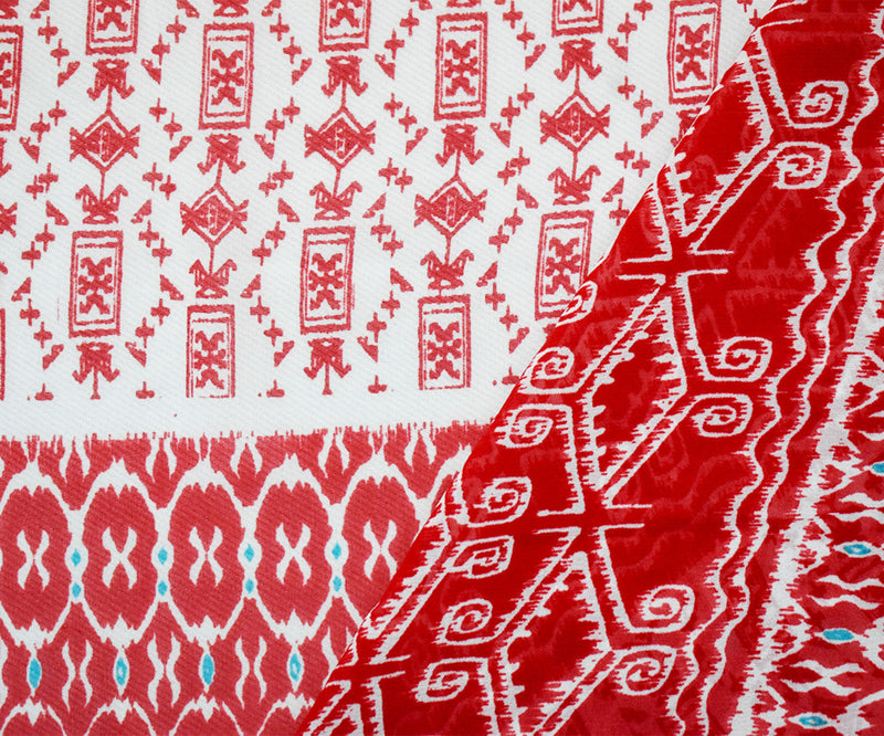 Red-Ivory-Turquoise Poly Aztec Border Printed Chiffon Woven Fabric