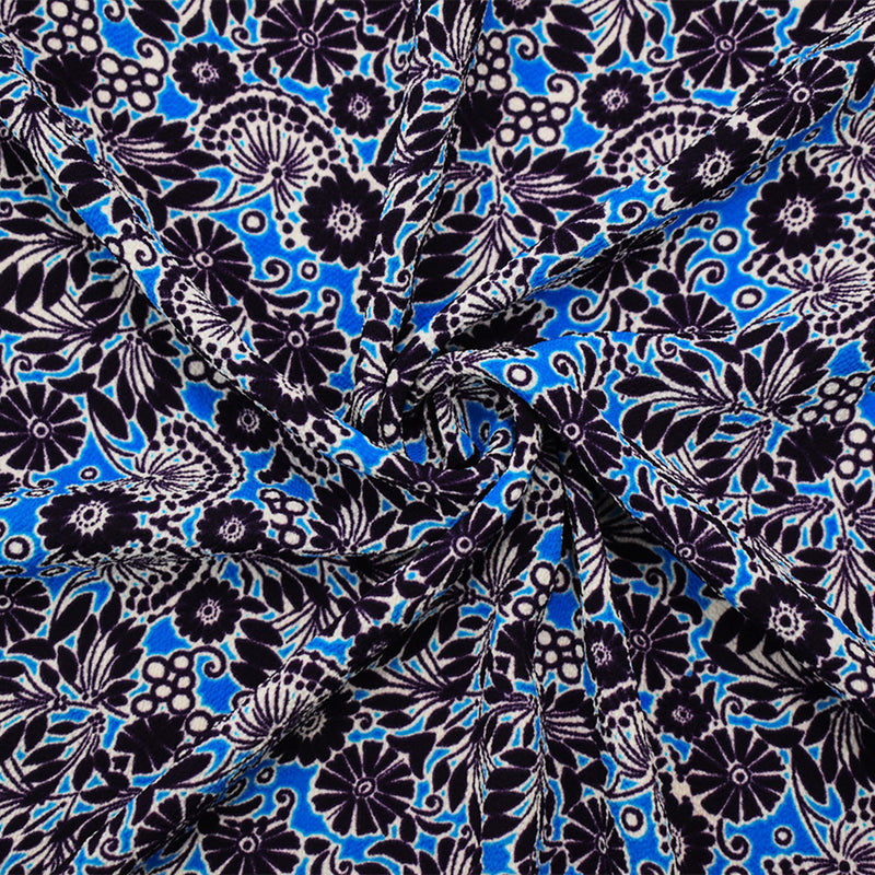 Deep Purple-Aqua-White Poly Floral Printed Pebble Crepe Woven Fabric