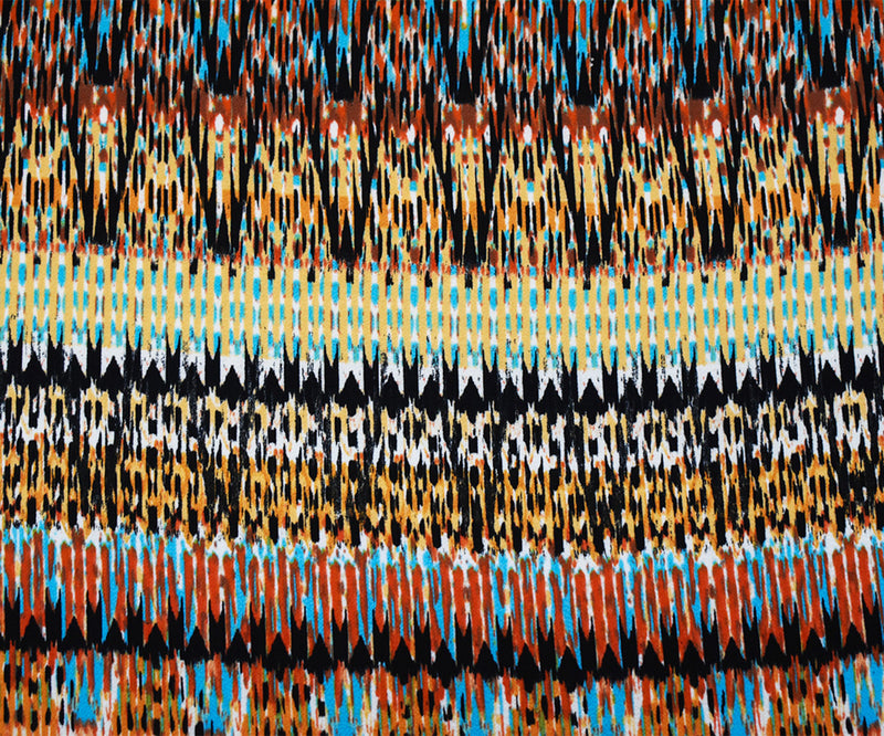 Orange-Turquoise-Multi Poly Aztec Ikat Printed Pebble Crepe Woven Fabric
