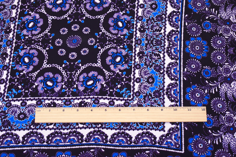 Purple-Turquoise-Ivory Poly Floral Bordered Printed Crepe Woven Fabric