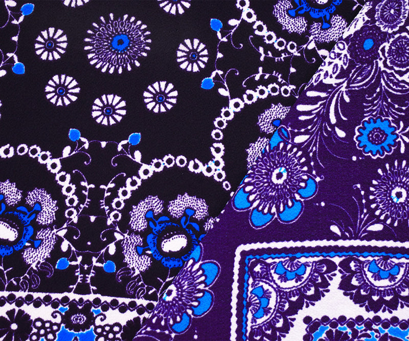 Purple-Turquoise-Ivory Poly Floral Bordered Printed Crepe Woven Fabric