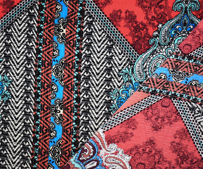 Red-Teal-Multi Poly Aztec Baroque Printed Textured Dobby Woven Fabric