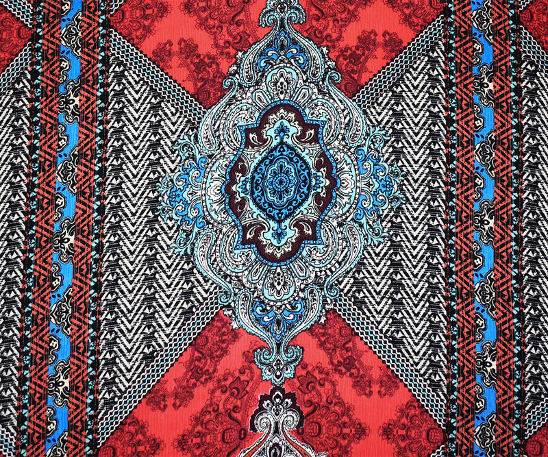 Red-Teal-Multi Poly Aztec Baroque Printed Textured Dobby Woven Fabric
