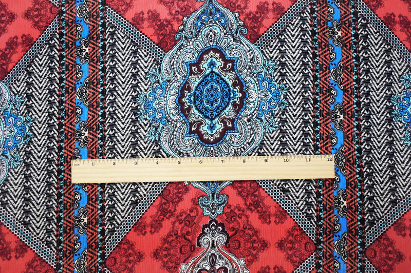 Red-Teal-Multi Poly Aztec Baroque Printed Textured Dobby Woven Fabric