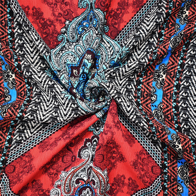 Red-Teal-Multi Poly Aztec Baroque Printed Textured Dobby Woven Fabric