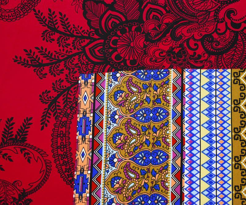 Red-Blue-Orange Poly Multi Pattern Print Momie Crepe Georgette Woven Fabric