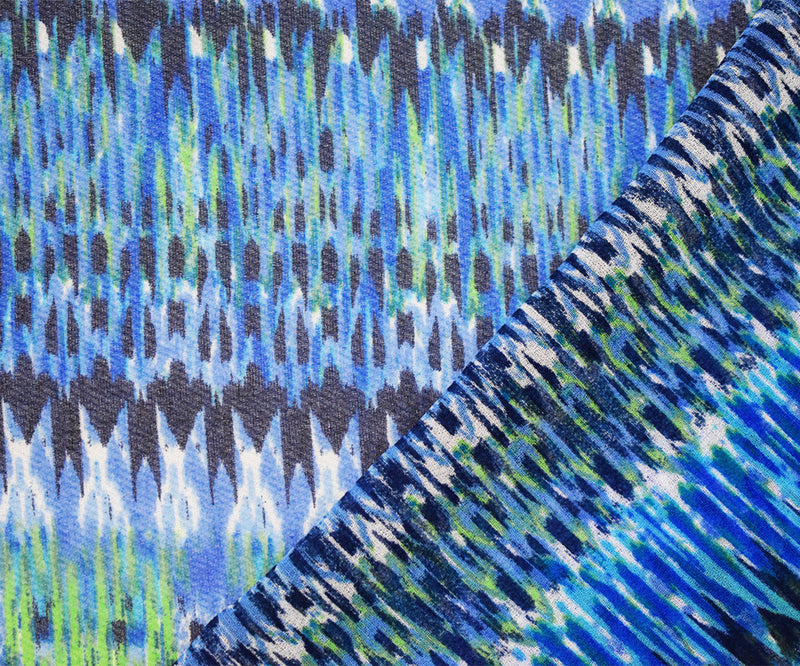 Blue-Green-Multi Polyester Aztec Ikat Printed Chiffon Woven Fabric