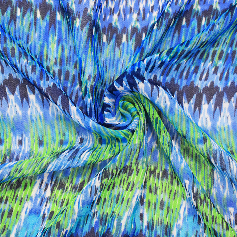 Blue-Green-Multi Polyester Aztec Ikat Printed Chiffon Woven Fabric