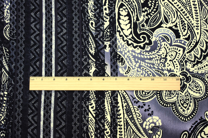 Black-Multi Poly Multi Pattern Border Printed Crinkled Crepe Woven Fabric