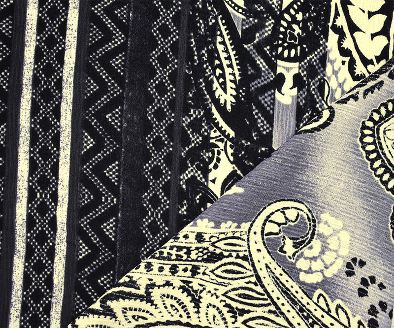 Black-Multi Poly Multi Pattern Border Printed Crinkled Crepe Woven Fabric