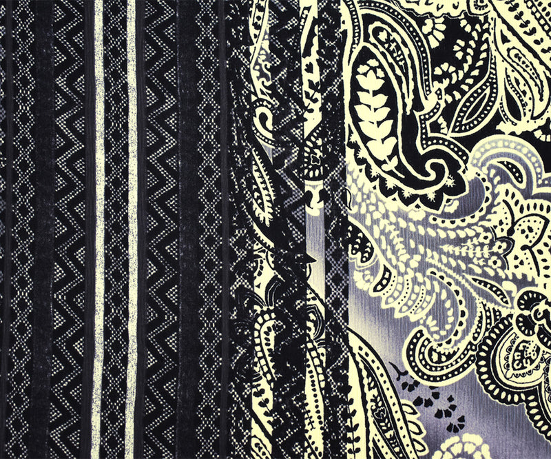 Black-Multi Poly Multi Pattern Border Printed Crinkled Crepe Woven Fabric