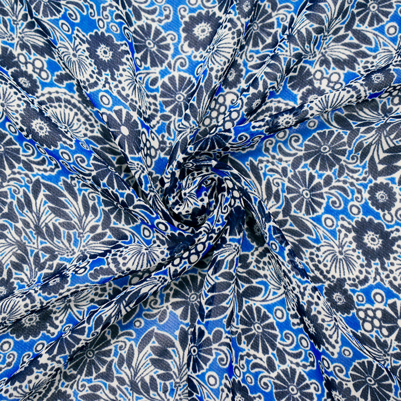 Bright Blue-Navy-White Poly Floral Printed Chiffon Woven Fabric