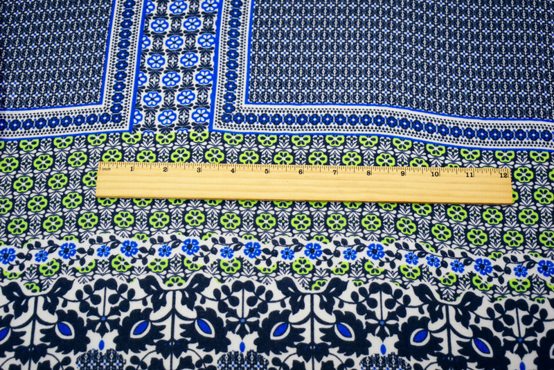 Deep Navy-Lime-Multi Border Printed Chiffon Woven Fabric