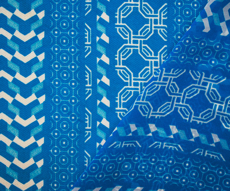 Bright Blue-White Moroccan Geo Striped Printed Chiffon Woven Fabric