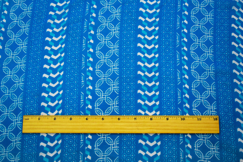 Bright Blue-White Moroccan Geo Striped Printed Chiffon Woven Fabric