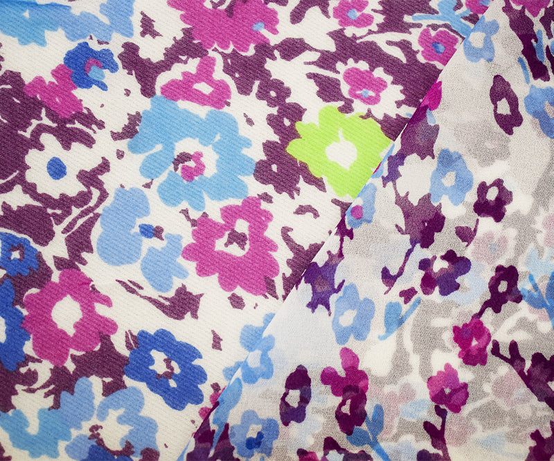 Blue-Purple-Multi Poly Floral Printed Chiffon Woven Fabric