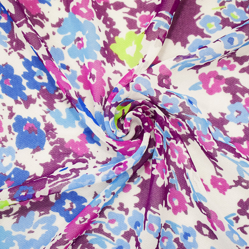 Blue-Purple-Multi Poly Floral Printed Chiffon Woven Fabric
