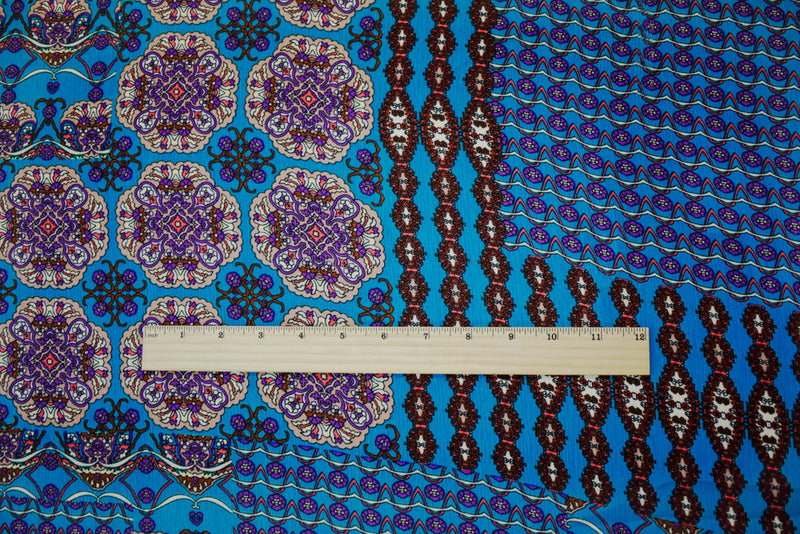 Turquoise-Brown-Multi Poly Mandala Printed Crinkled Dobby Woven Fabric