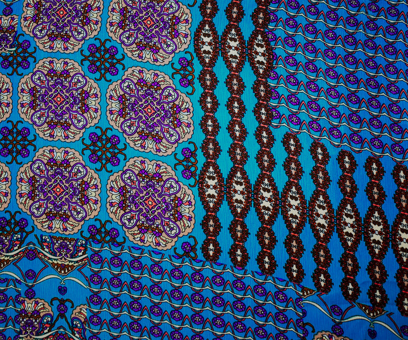 Turquoise-Brown-Multi Poly Mandala Printed Crinkled Dobby Woven Fabric