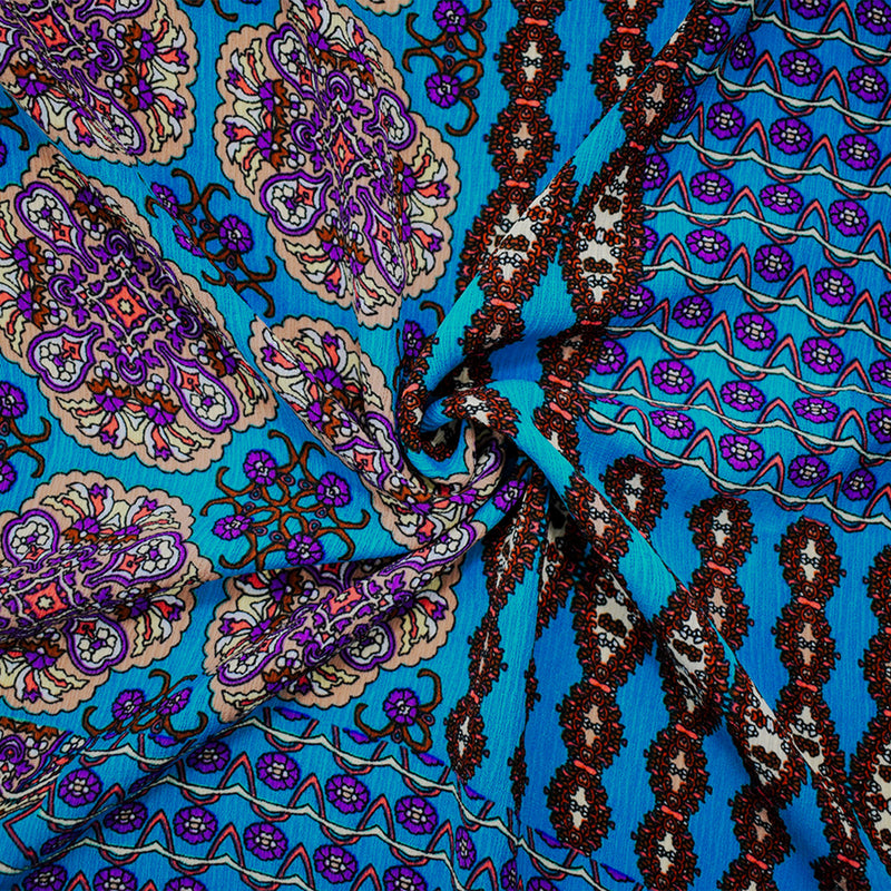 Turquoise-Brown-Multi Poly Mandala Printed Crinkled Dobby Woven Fabric
