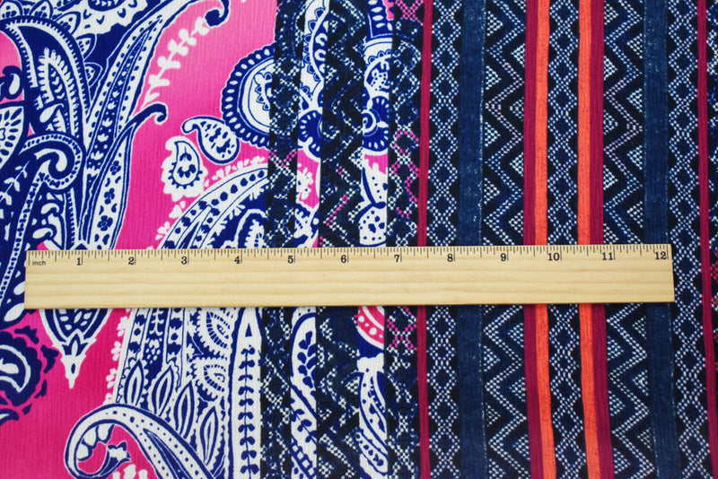 Navy-Pink-Multi Poly Paisley Border Print Crinkle Dobby Crepe Woven Fabric