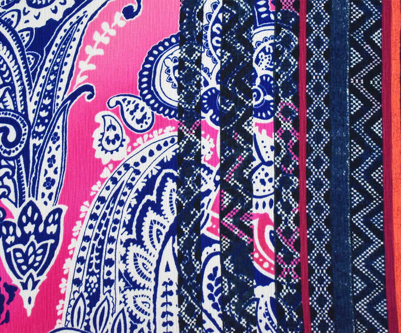 Navy-Pink-Multi Poly Paisley Border Print Crinkle Dobby Crepe Woven Fabric