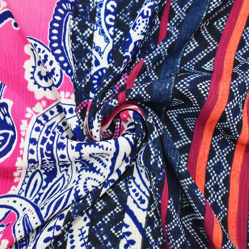 Navy-Pink-Multi Poly Paisley Border Print Crinkle Dobby Crepe Woven Fabric
