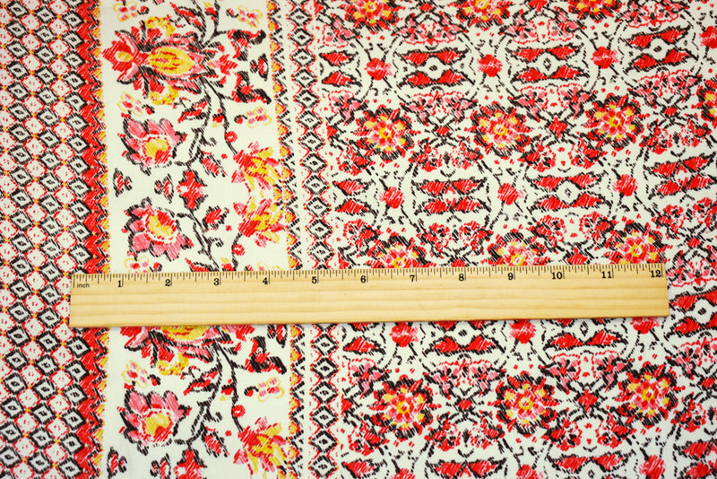 Orange-Brown-Multi Poly Floral Border Printed Crepe Georgette Woven Fabric