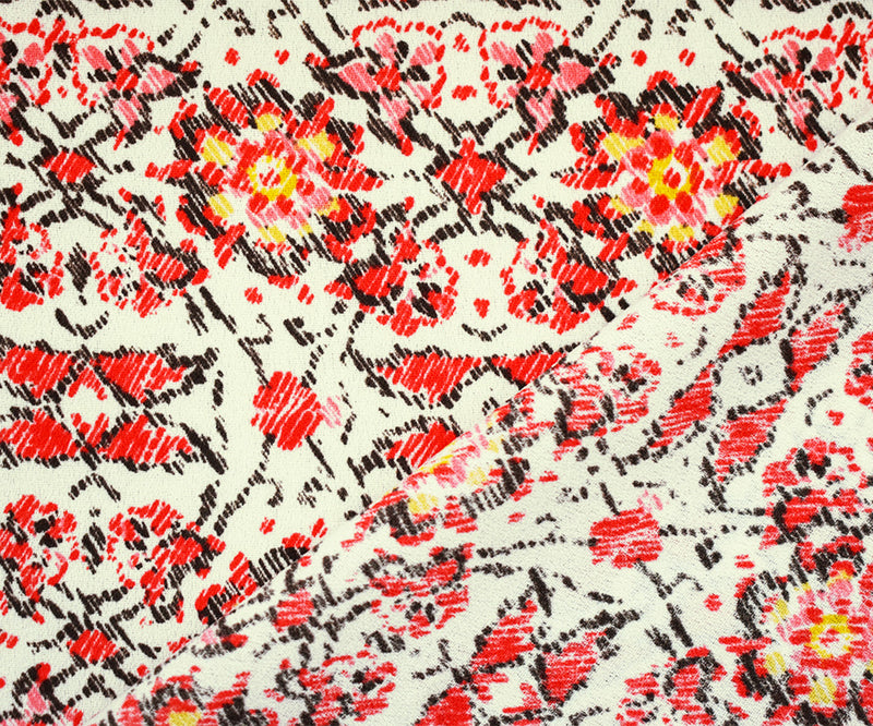Orange-Brown-Multi Poly Floral Border Printed Crepe Georgette Woven Fabric