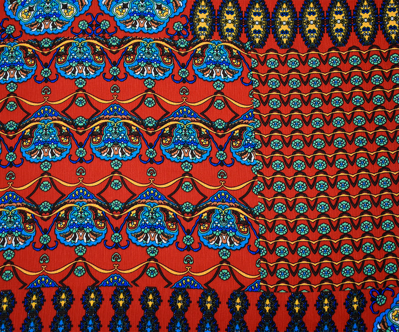 Orange-Teal Mandala Border Multi Pattern Printed Crinkle Crepe Woven Fabric