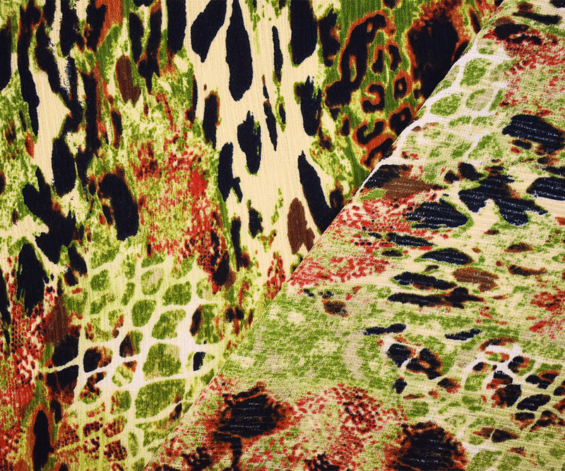 4 YD PC-Green-Brown-Multi Poly Abstract Animal Printed Textured Crepe Woven Fabric