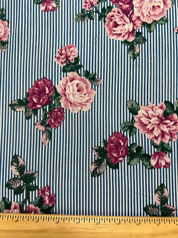 Pink Floral Blue Stripe Print Double Brushed Jersey Knit Fabric