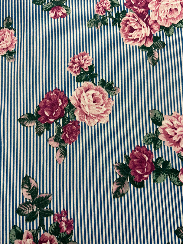 Pink Floral Blue Stripe Print Double Brushed Jersey Knit Fabric
