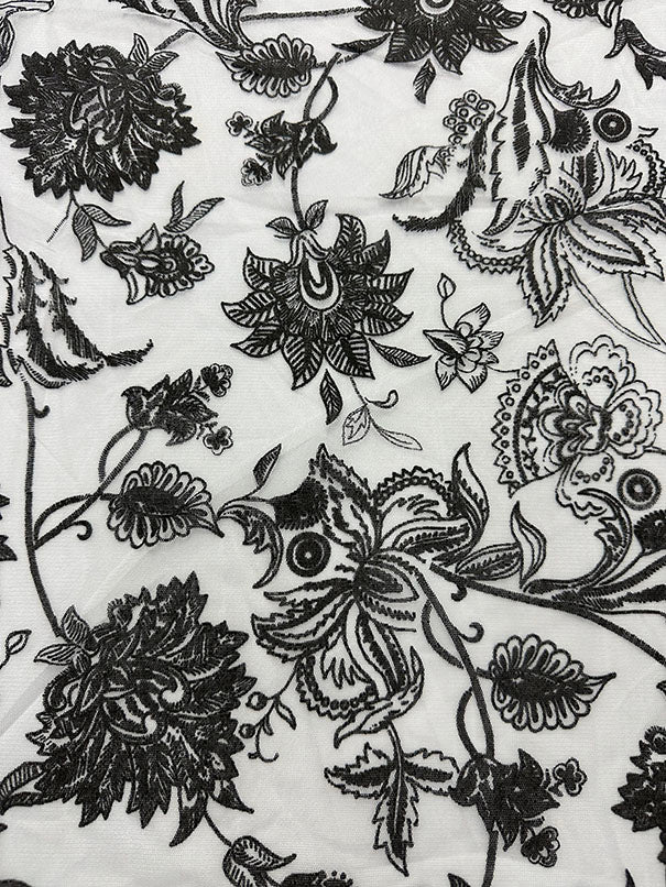 White Flocked Floral Print Mesh Fabric