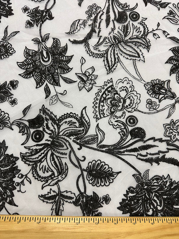 White Flocked Floral Print Mesh Fabric