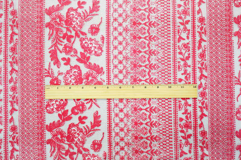 Coral Red-White Cotton-Nylon Multi Stripe Pattern Lace Mesh  Knit Fabric